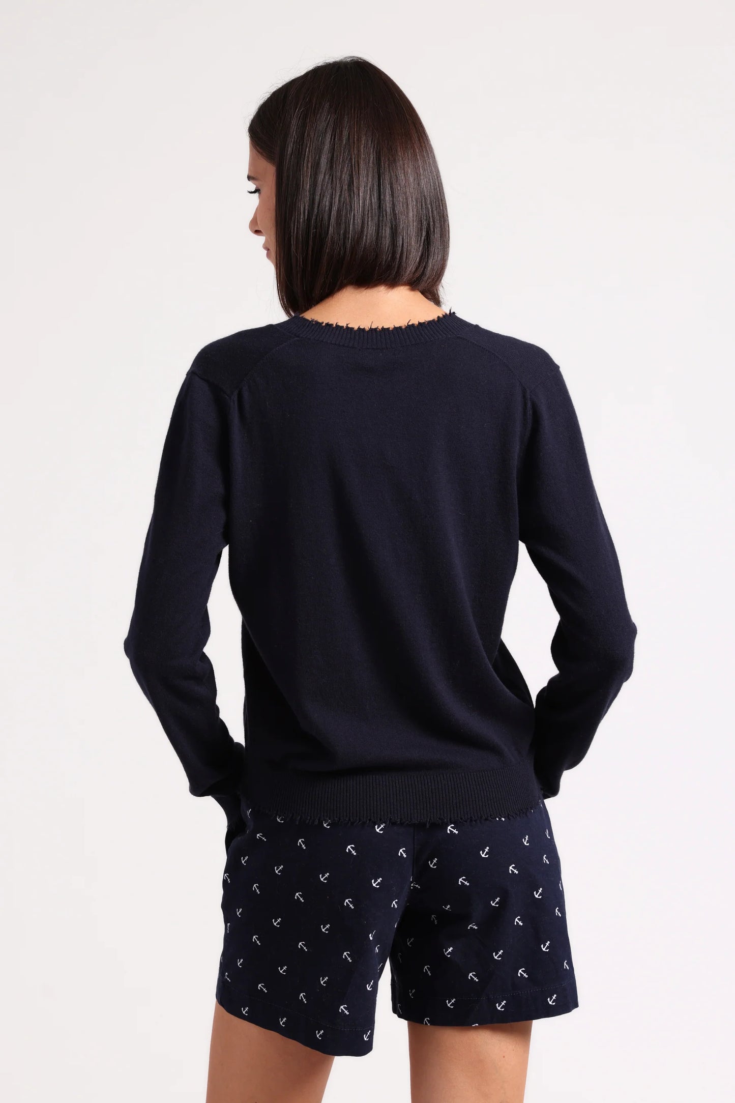 COTTON/CASHMERE FRAYED CARDIGAN