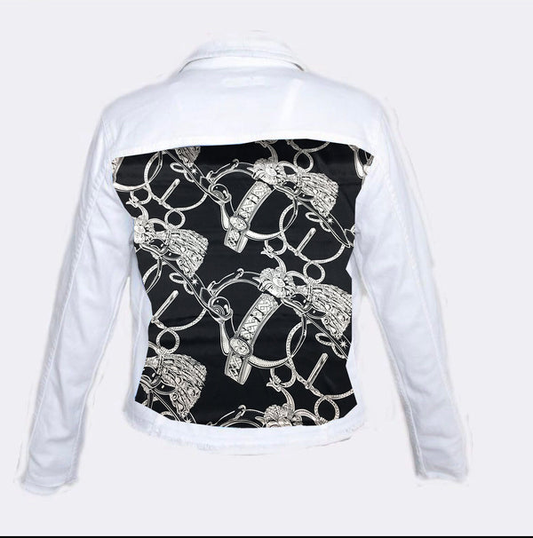 BLACK & WHITE CHAINS WHITE DENIM JACKET