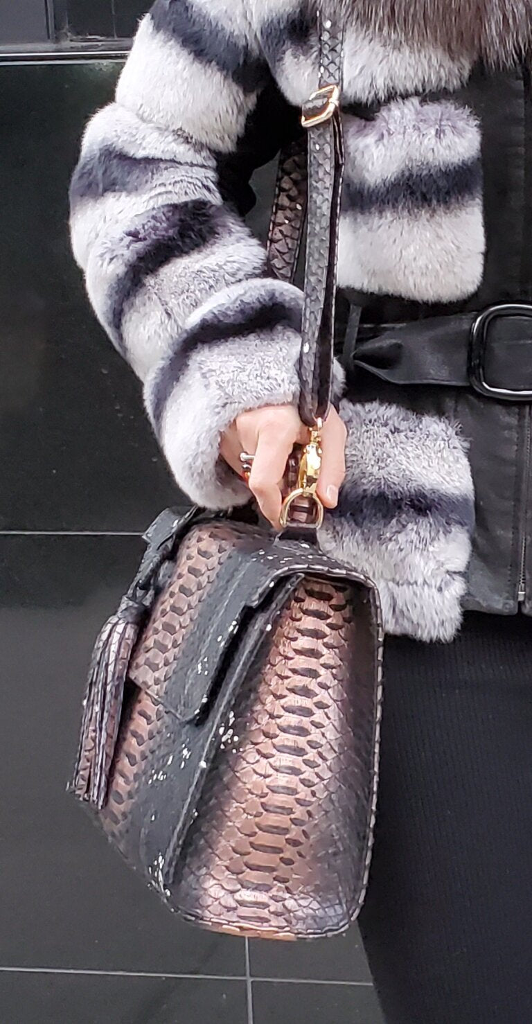 BLACK METALLIC PYTHON BAG WITH TASSEL