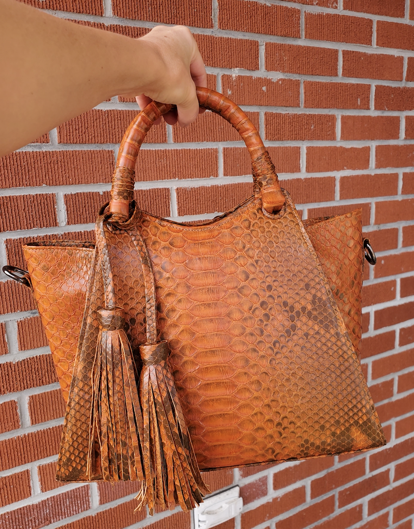 LIGHT BROWN PYTHON SHOULDER BAG WITH LONG STRAP