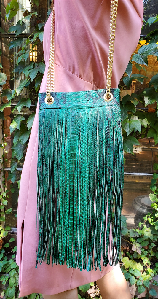 GREEN PYTHON FRINGE BAG WITH GOLD CHAIN