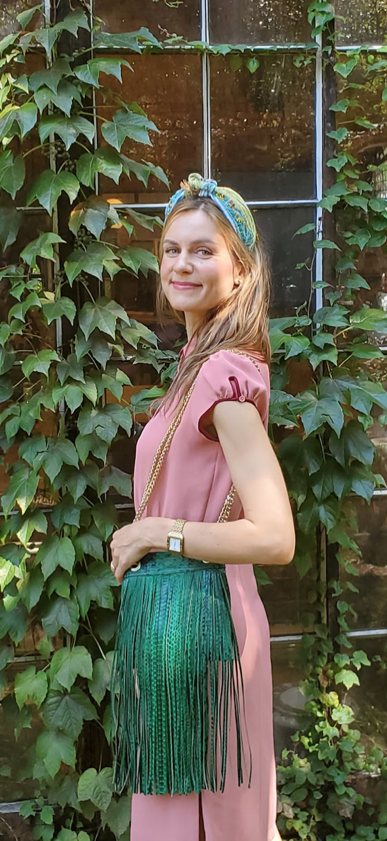 GREEN PYTHON FRINGE BAG WITH GOLD CHAIN