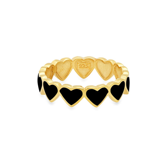 BLACK ENAMEL HEARTS RING, GOLD