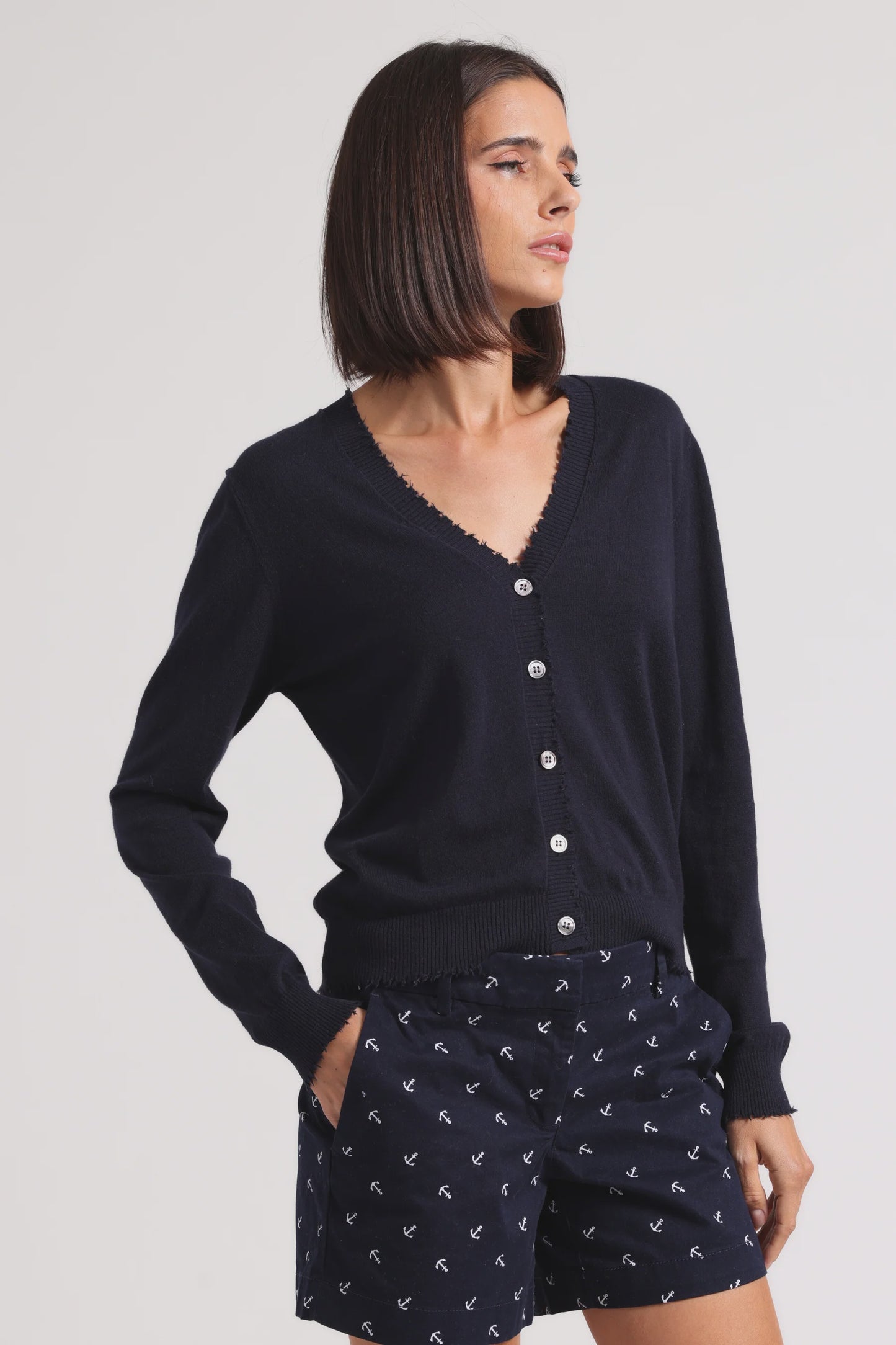 COTTON/CASHMERE FRAYED CARDIGAN