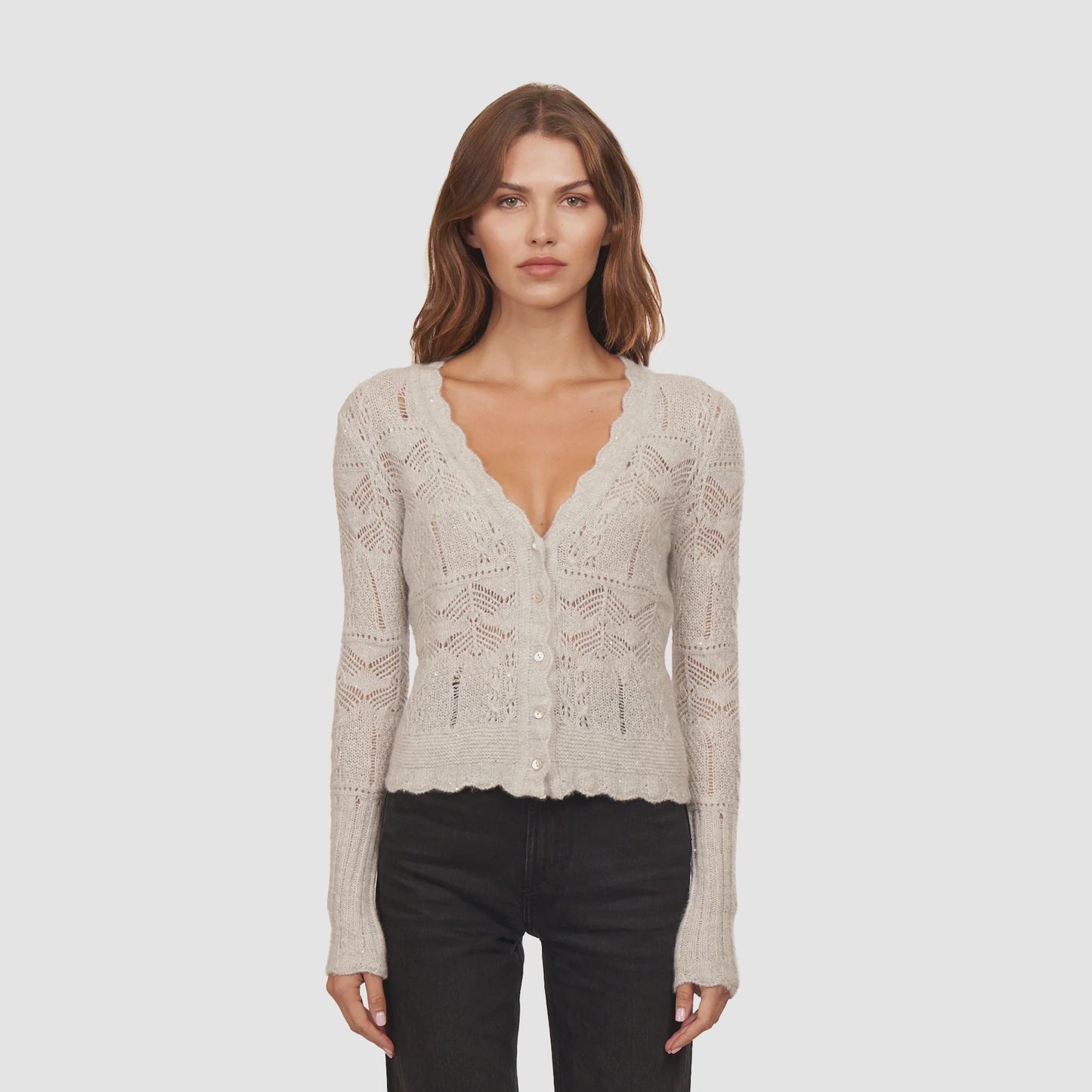 OPEN POINTELLE SEQUIN V NECK CARDIGAN