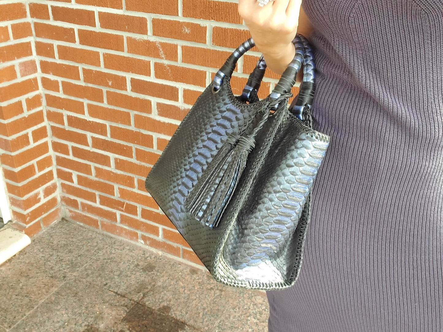 BLACK PYTHON WITH SILVER/GREY SPRAY, SHOULDER BAG WITH LONG STRAP