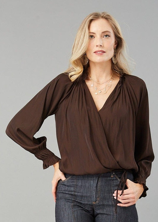 RUFFLE NECK TOP - DK CHOCO