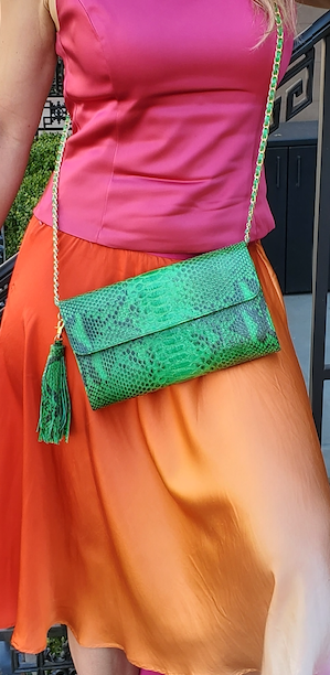 GREEN WITH BLACK PYTHON CLUTCH (REMOVABLE CHAIN AND TASSEL)