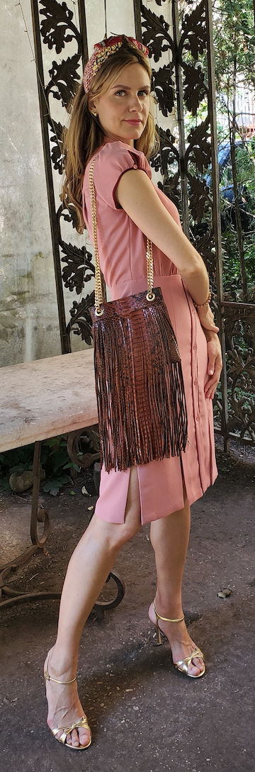 BROWN PYTHON FRINGE BAG WITH GOLD CHAIN