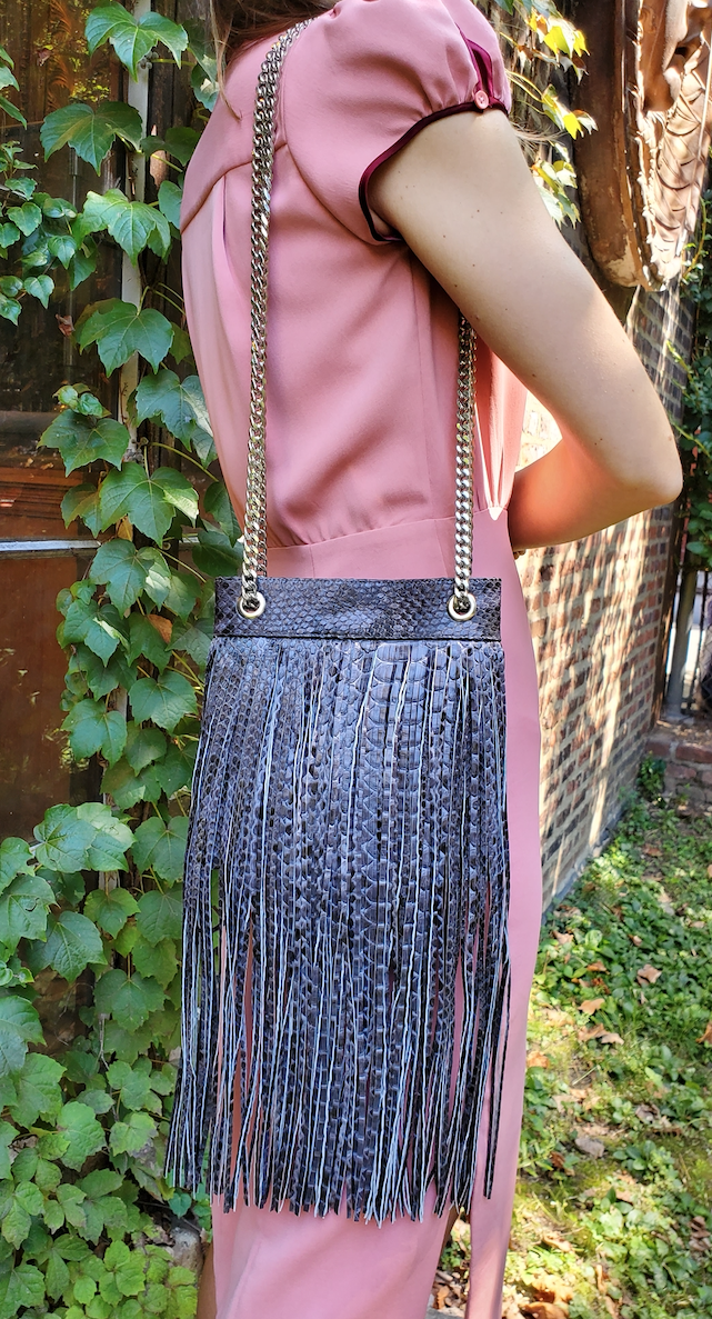 GREY PYTHON FRINGE BAG WITH SILVER CHAIN