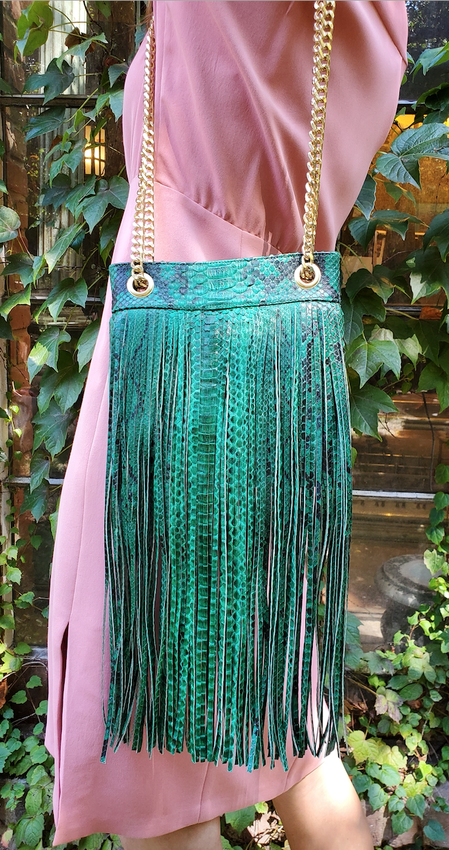 GREEN PYTHON FRINGE BAG WITH GOLD CHAIN