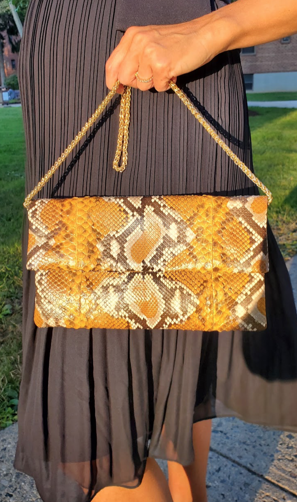 MULTI TONE BROWN PYTHON ENVELOPE WITH REMOVABLE GOLD CHAIN