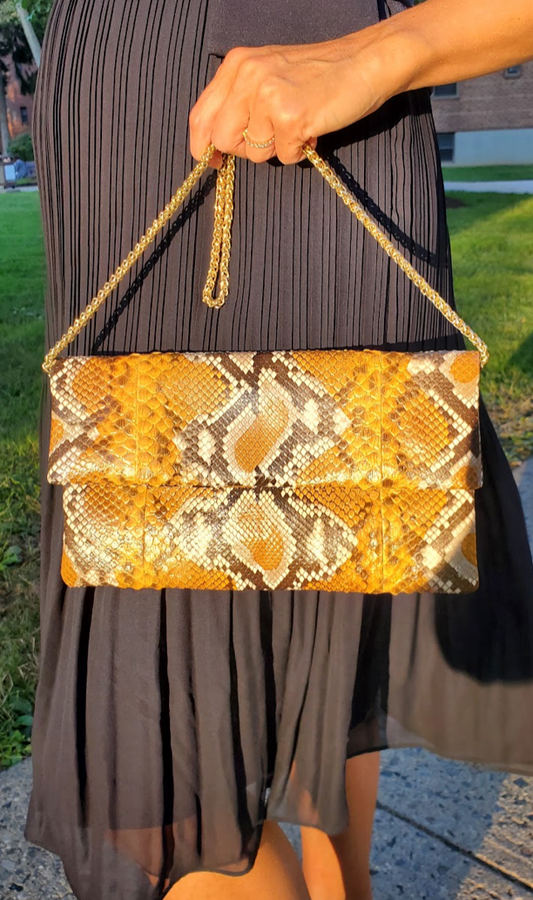 MULTI TONE BROWN PYTHON ENVELOPE WITH REMOVABLE GOLD CHAIN
