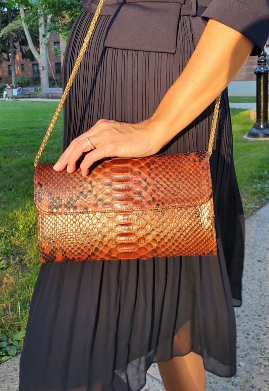 BROWN PYTHON CLUTCH WITH REMOVABLE GOLD CHAIN