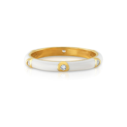 WHITE ENAMEL CZ RING, GOLD